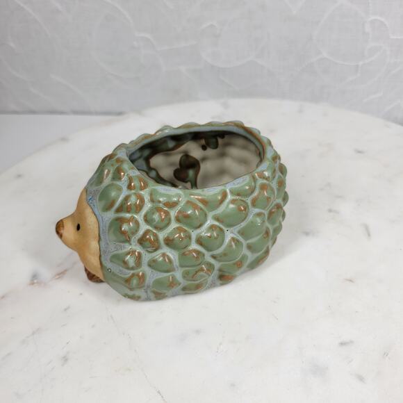 Retro Hedgehog Planter Small 2.5" Green Ceramic Flower Cactus Succulent Pot - Picture 1 of 14